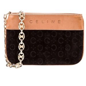 CELINE Authentic Macadam Vintage Suede Leather Clutch with Gold Chain